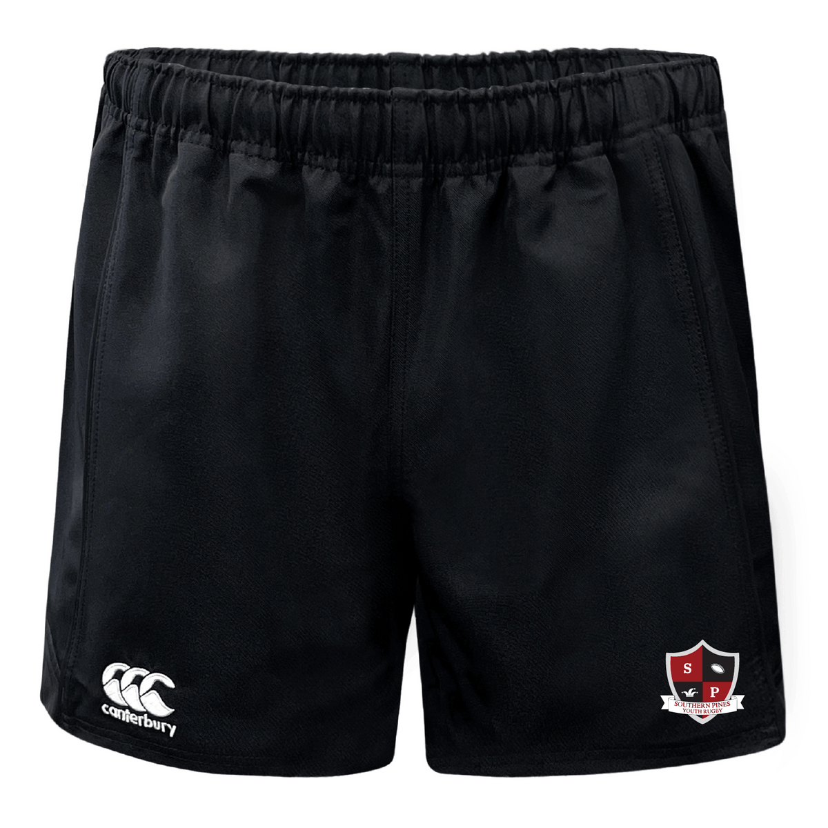 The Southern Pines Youth Rugby Advantage Shorts by EMB Canterbury feature an elastic non-slip waistband, a small left-side logo, and a right-side badge. Made from moisture-wicking fabric, these shorts ensure ultimate comfort for any workout.