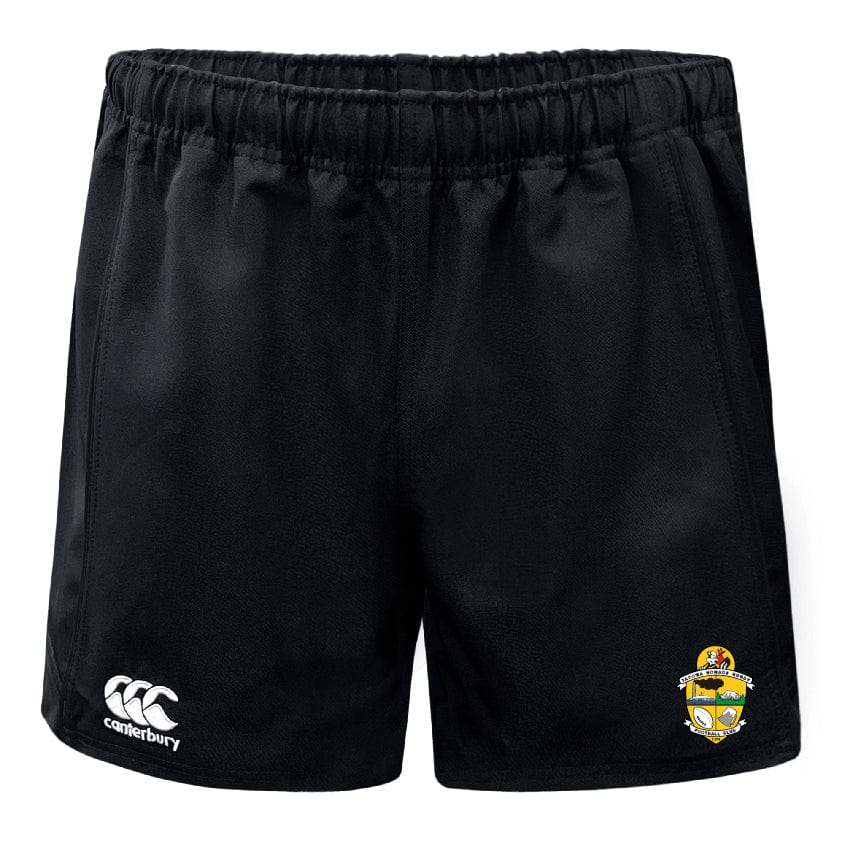 Tacoma Rugby Advantage Rugby Shorts by EMB Canterbury with an elastic waistband, featuring moisture-wicking fabric, a Canterbury logo on the left leg, and a colorful crest on the right leg.