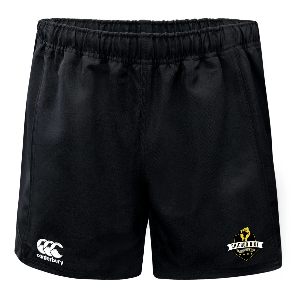 The Chicago Riot Advantage Rugby Shorts by EMB Canterbury feature an elastic waistband, moisture-wicking fabric, the Canterbury logo on the left leg, and the Chicago Riot Rugby logo on the right leg.