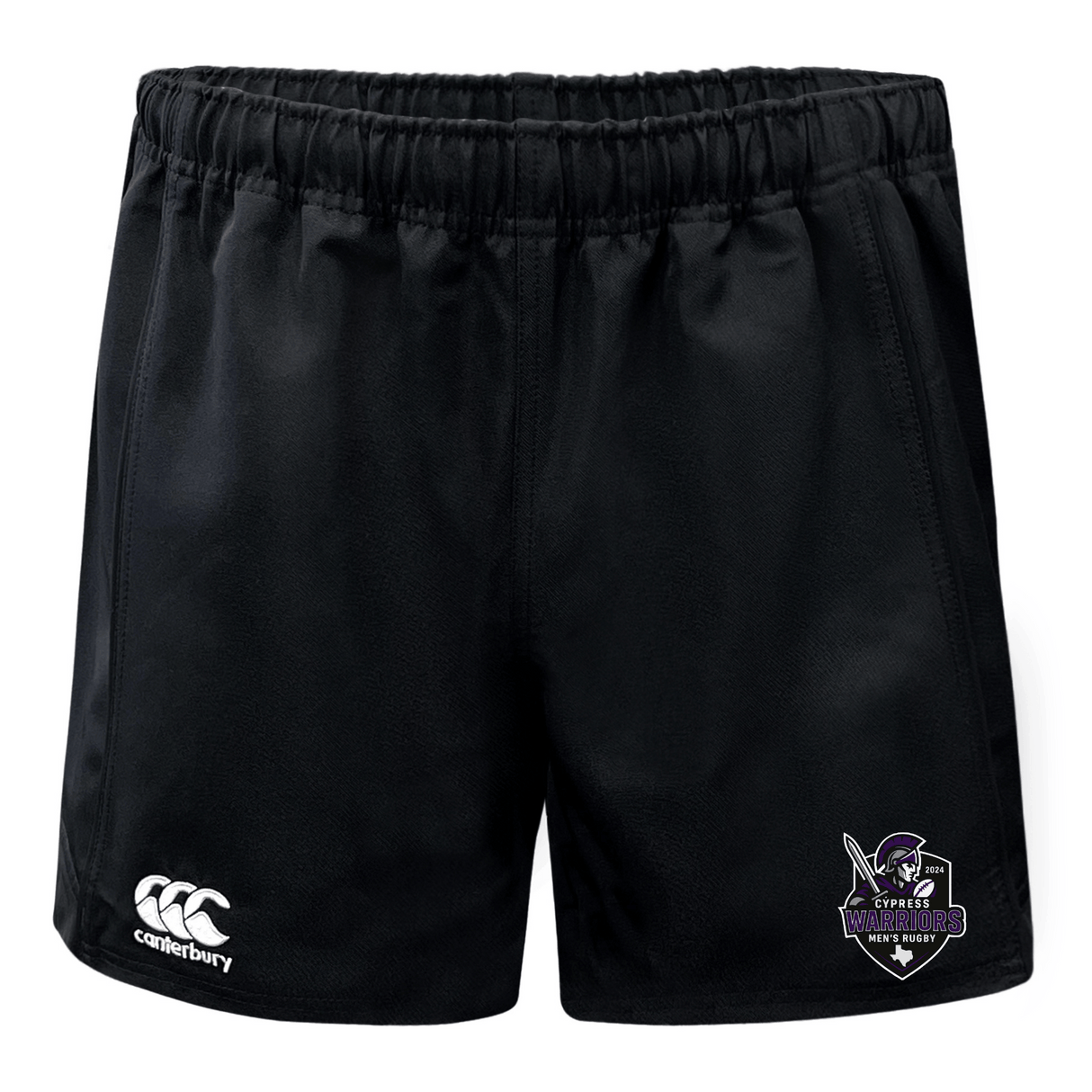 The Cypress Warriors Men's Rugby Advantage Shorts by EMB Canterbury feature an elastic waistband, white Canterbury logo on the left leg, purple Warriors Rugby League crest on the right, and moisture-wicking fabric to keep you cool.