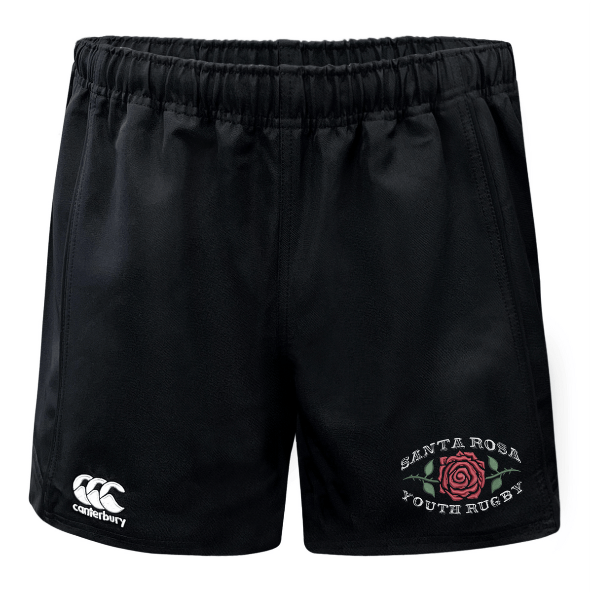 Santa Rosa Youth Rugby Advantage Rugby Shorts by EMB Canterbury feature an elastic waistband and a black design, adorned with a rose logo and “SANTA ROSA YOUTH RUGBY” text on one leg, and the Canterbury logo on the other. Crafted for comfort and performance both on and off the field, these moisture-wicking rugby shorts offer premium quality and durability—true to the Canterbury rugby tradition.