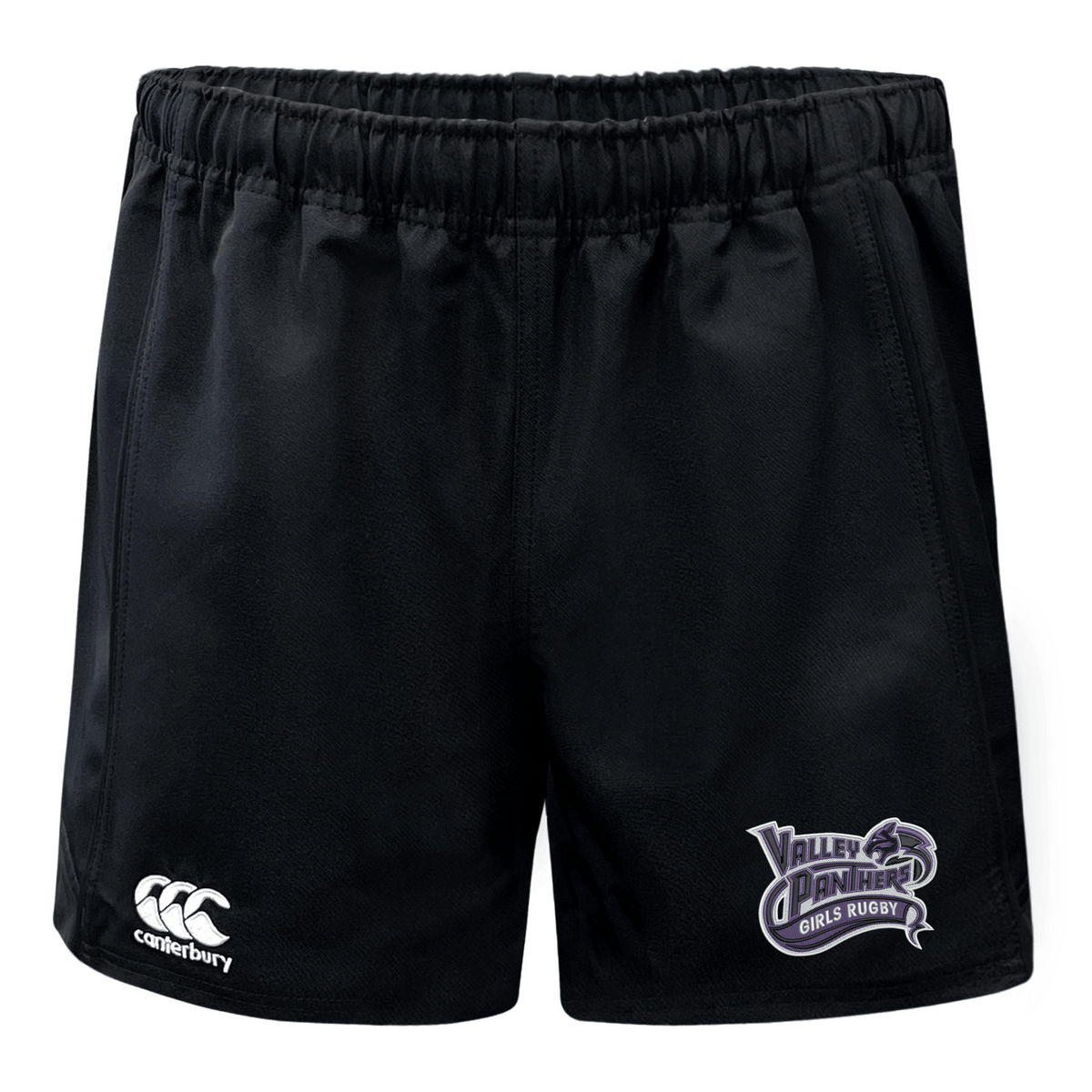 Valley Panthers Girls Rugby Advantage Rugby Shorts by Canterbury feature an elastic waistband and are crafted from moisture-wicking fabric for optimal comfort on and off the field. Finished in black, these EMB Canterbury athletic shorts display both the white Canterbury logo and Valley Panthers Girls Rugby logo.