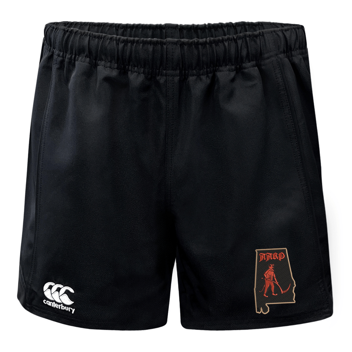 Black Aging Alabama Rugby Players Advantage Rugby Shorts by EMB Canterbury featuring a white brand logo on the left leg and an Alabama state silhouette with a hockey player graphic on the right leg.