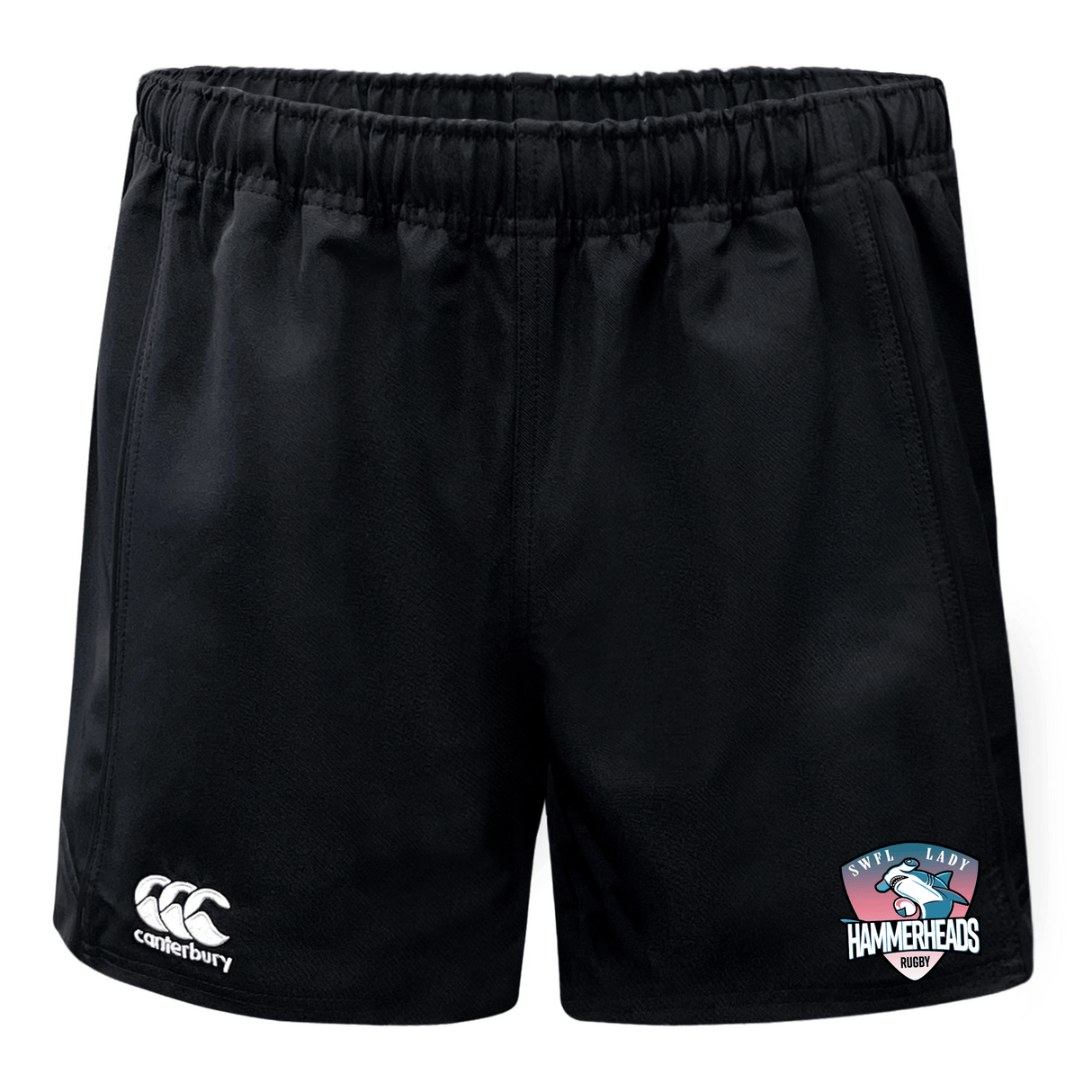 SWFL Lady Hammerheads Advantage Rugby Shorts by WRS Canterbury feature the iconic logo on the left leg, "NWLQ LADY HAMMERHEADS RUGBY" on the right, and moisture-wicking fabric for comfort on and off the field.