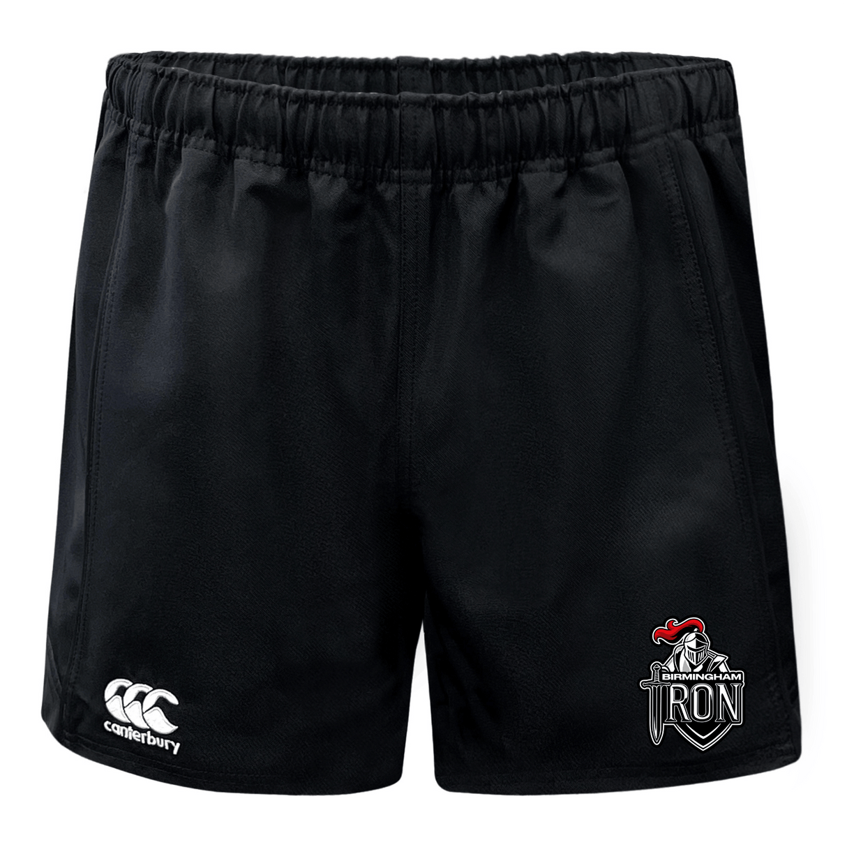 The EMB Canterbury Birmingham Iron Women's Football Advantage Rugby Shorts feature an elastic waistband, moisture-wicking fabric, a Canterbury logo on the left leg, and a Birmingham Iron team logo with "IRON" text on the right leg.