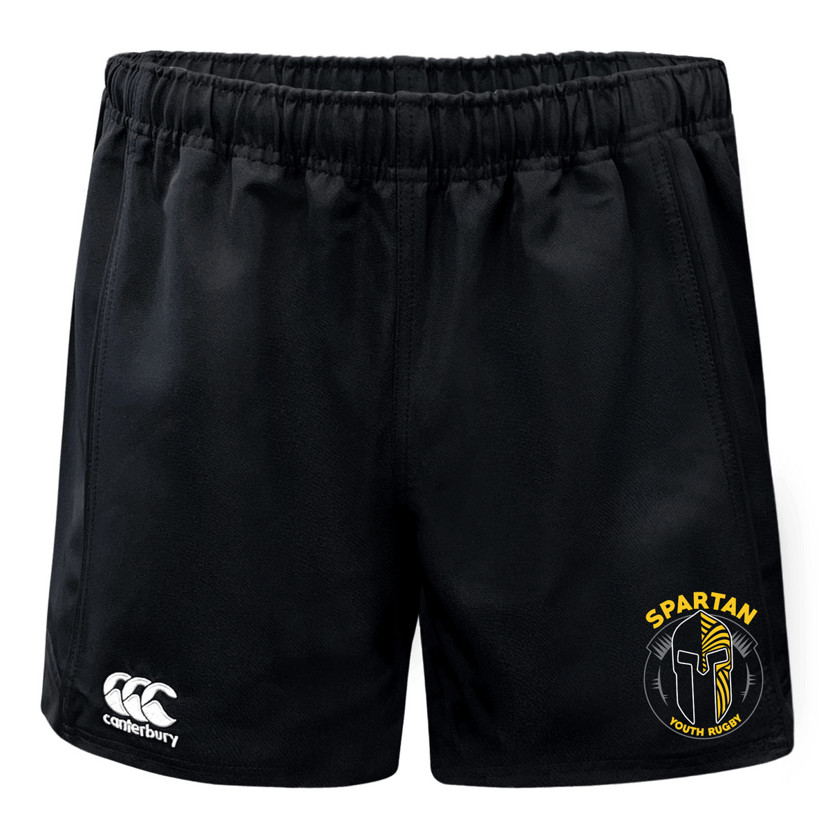 The Spartan Youth Rugby Advantage Rugby Shorts by EMB Canterbury are black athletic shorts with an elastic waistband, CCC logo on the left leg, and a "Spartan Youth Rugby" emblem on the right, designed for comfort and moisture wicking.