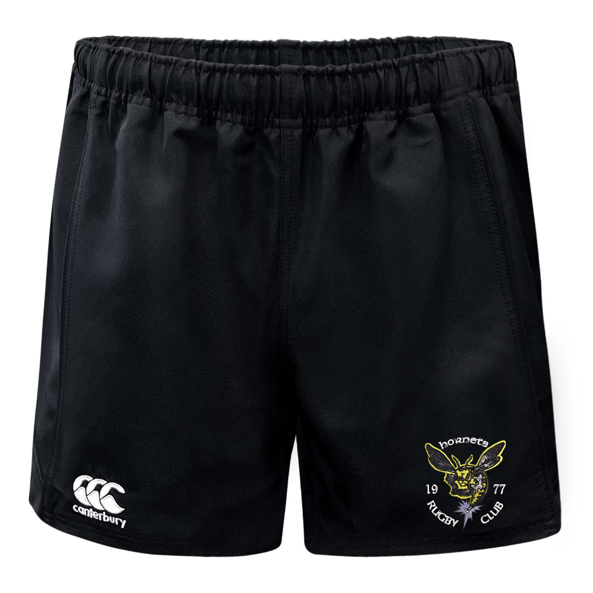 Introducing the Hornets Rugby Club 1977 Advantage Rugby Shorts by Canterbury from EMB Canterbury—black athletic shorts featuring a Canterbury logo on the lower left and a Hornets Rugby Club emblem on the lower right. Designed for top performance both on and off the field, these moisture-wicking rugby shorts ensure lasting comfort even during intense matches.