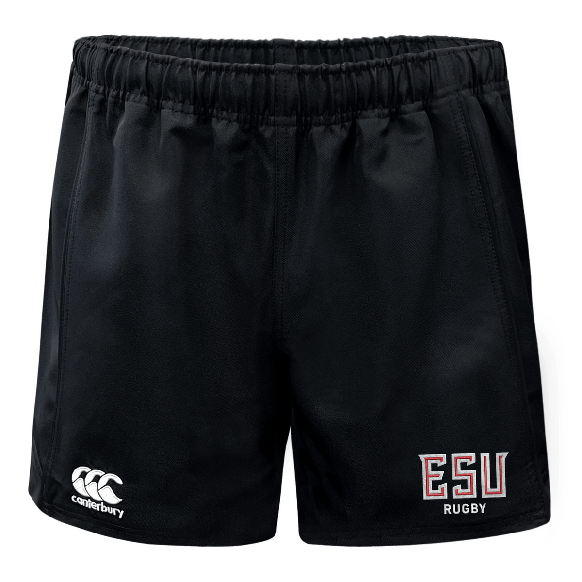 The East Stroudsburg University Advantage Rugby Shorts by EMB Canterbury feature the "ESU RUGBY" logo and moisture-wicking fabric for comfort, making them ideal for peak performance on the field.