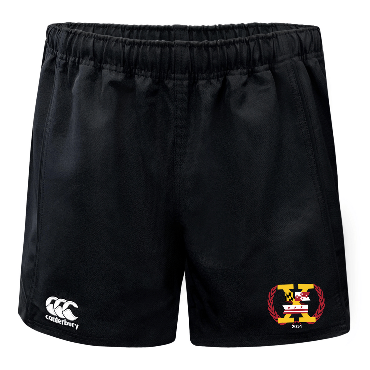 The Potomac Exiles Rugby Club Advantage Rugby Shorts by EMB Canterbury feature a black athletic design with a Canterbury logo on the left leg and a colorful “X” emblem with “2014” on the right leg. These rugby shorts are crafted from moisture-wicking fabric to keep you cool and comfortable during intense play.
