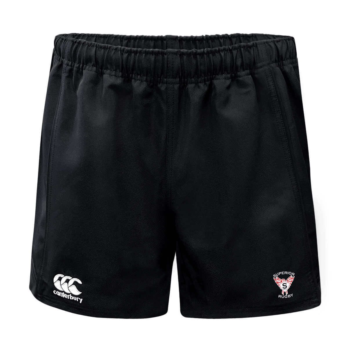 The EMB Canterbury Superior Rugby Club Advantage Rugby Shorts feature an elastic waistband, moisture-wicking fabric, a Canterbury logo on the left leg, and a Superohia Rugby emblem on the right leg.