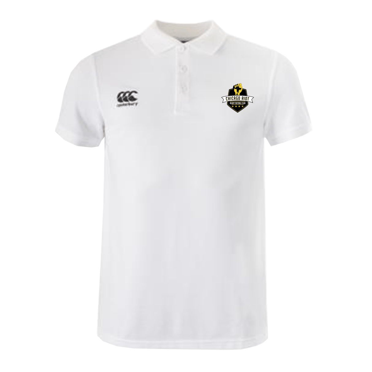 The Chicago Riot Waimak Polo by EMB Canterbury is a white short-sleeve rugby polo featuring the CCC logo on the right chest and a "Cricket Blitz" badge on the left chest.