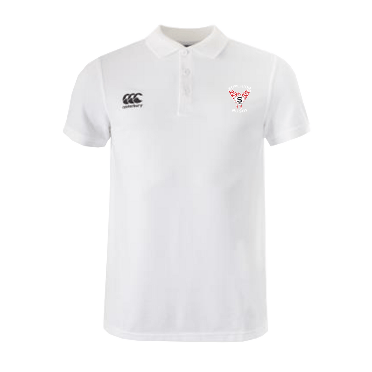 The Superior Rugby Club Waimak Polo by EMB Canterbury is a white short-sleeve men’s polo with a black Canterbury logo on the right chest and a red and white embroidered crest on the left.