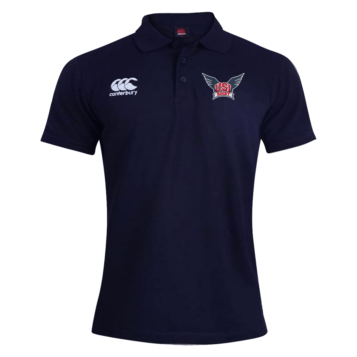 A navy blue University of Southern Indiana Waimak Polo by EMB Canterbury featuring a white Canterbury logo on the right chest and a red and white winged emblem on the left chest, crafted from a comfortable Cotton/Polyester blend.