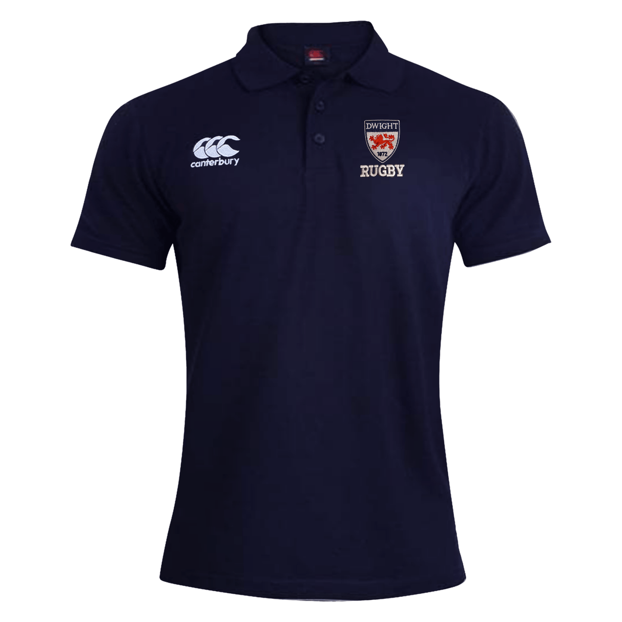 Navy blue EMB Canterbury Waimak Rugby Polo with a white Canterbury logo on the right chest and a red "Dwight Rugby" logo on the left chest.