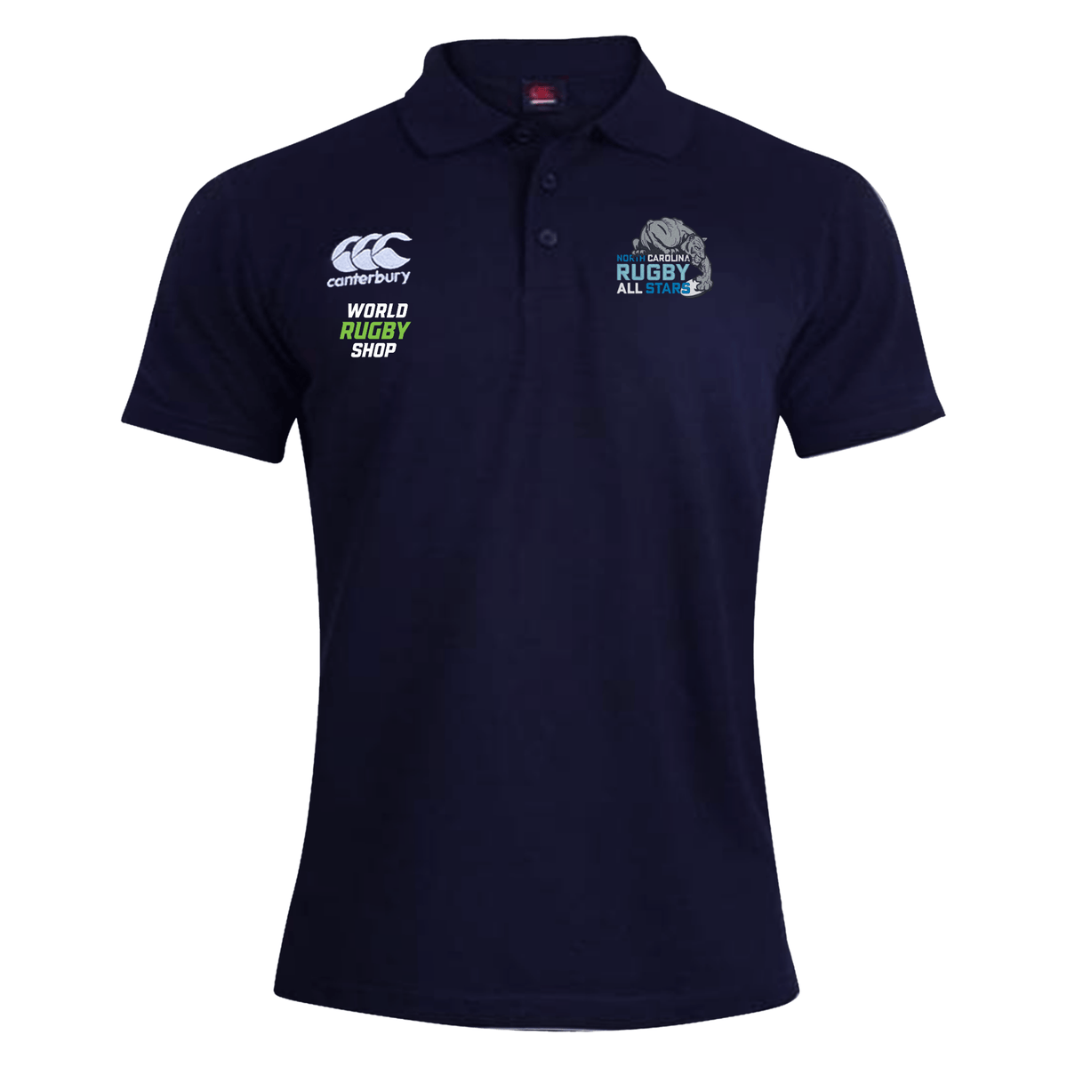 NC All Stars Waimak Polo by Canterbury in navy blue featuring a cotton polyester blend and adorned with various logos including EMB Canterbury, World Rugby Shop, and Rugby All Star.