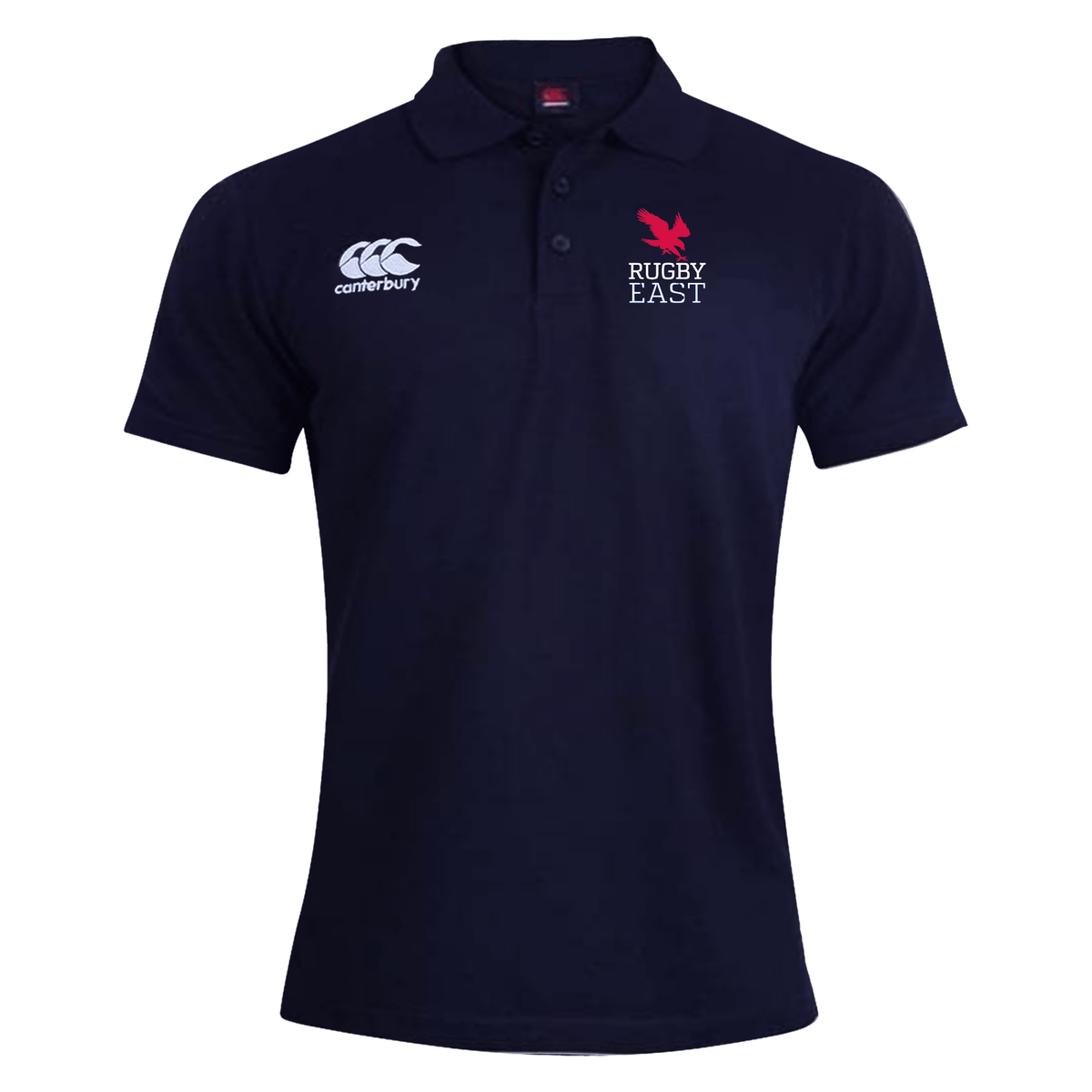 Navy blue short-sleeve rugby polo shirt with "Rugby East" and red bird logo on the left chest, and EMB Canterbury logo on the right chest. Crafted from a comfortable cotton polyester blend, this is the Rugby East Conference Waimak Polo by Canterbury.