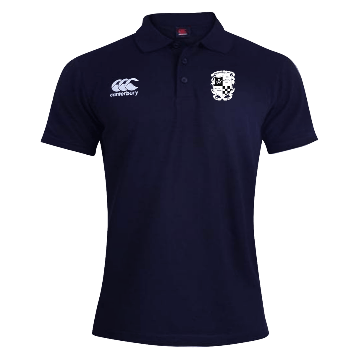Navy blue EMB Canterbury rugby polo shirt with an embroidered EMB Canterbury logo on the right chest and a white emblem on the left chest.