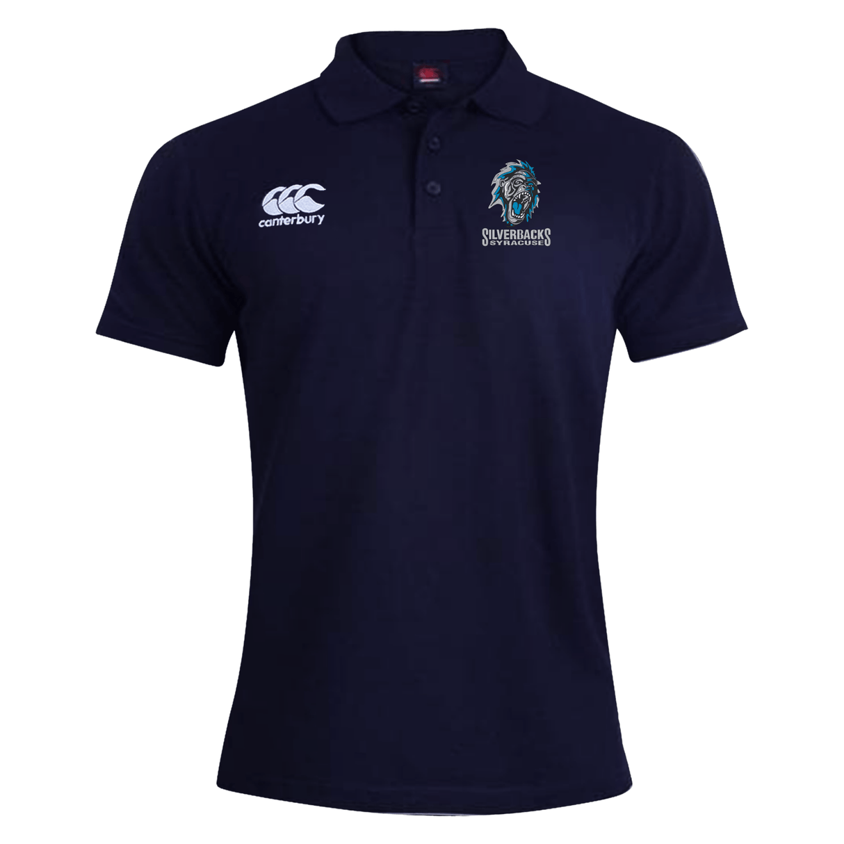 A Syracuse Silverbacks Waimak Polo by Canterbury with short sleeves, featuring the EMB Canterbury logo on the right chest and a Silverbacks logo on the left chest.