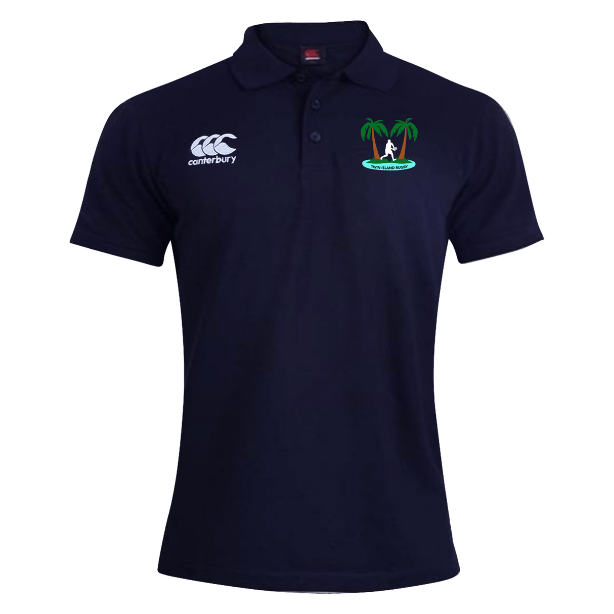 Twin Island Rugby Waimak Polo shirt by EMB Canterbury with a small Canterbury logo on the right chest and a tropical island graphic on the left chest.