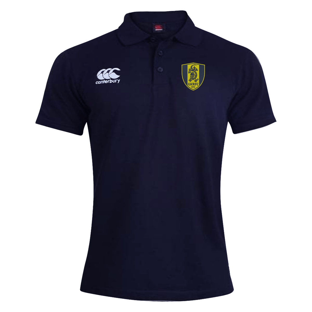 The Gotham Knights Waimak Polo by Canterbury, a navy blue shirt from EMB Canterbury, features a collar and three buttons. This stylish shirt sports a Canterbury logo on the right chest and a yellow and black shield emblem on the left chest, all crafted from a comfortable Cotton/Polyester blend.