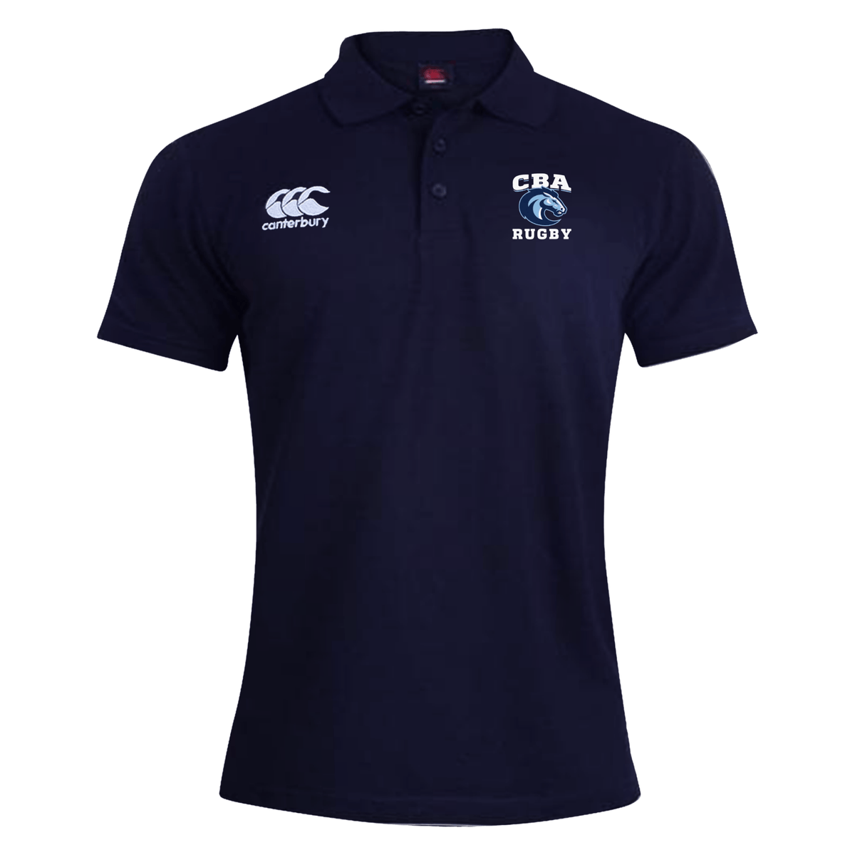 The Christian Brothers Academy Rugby Waimak Polo by EMB Canterbury is a navy blue rugby polo shirt made from a cotton-polyester blend, displaying the Canterbury logo on the left and "CBA RUGBY" on the right, with a button-up collar.