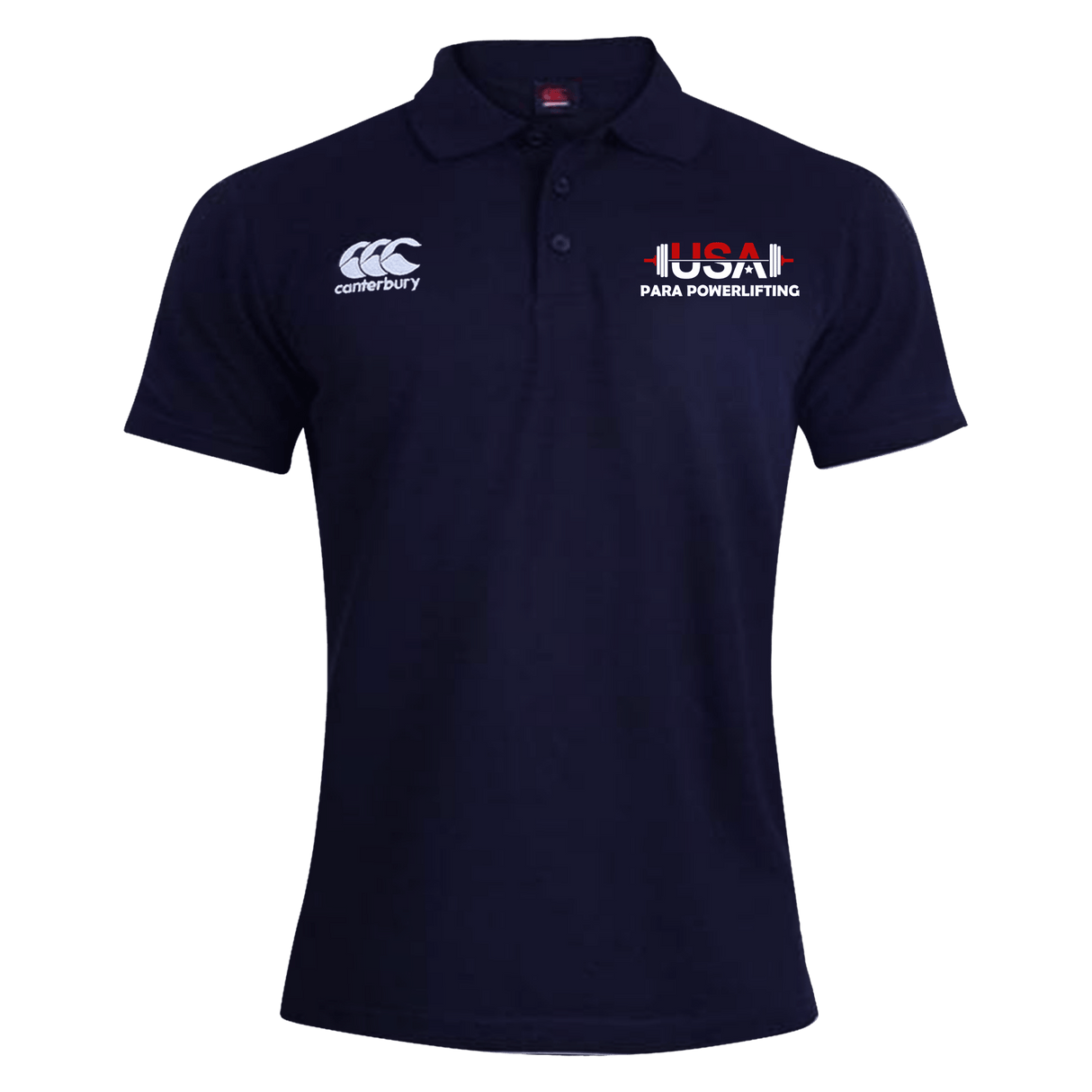 The USA Para Powerlifting Waimak Polo by EMB Canterbury features "USA Para Powerlifting" with a barbell graphic on one chest and the CCC Waimak Rugby Polo logo on the other.
