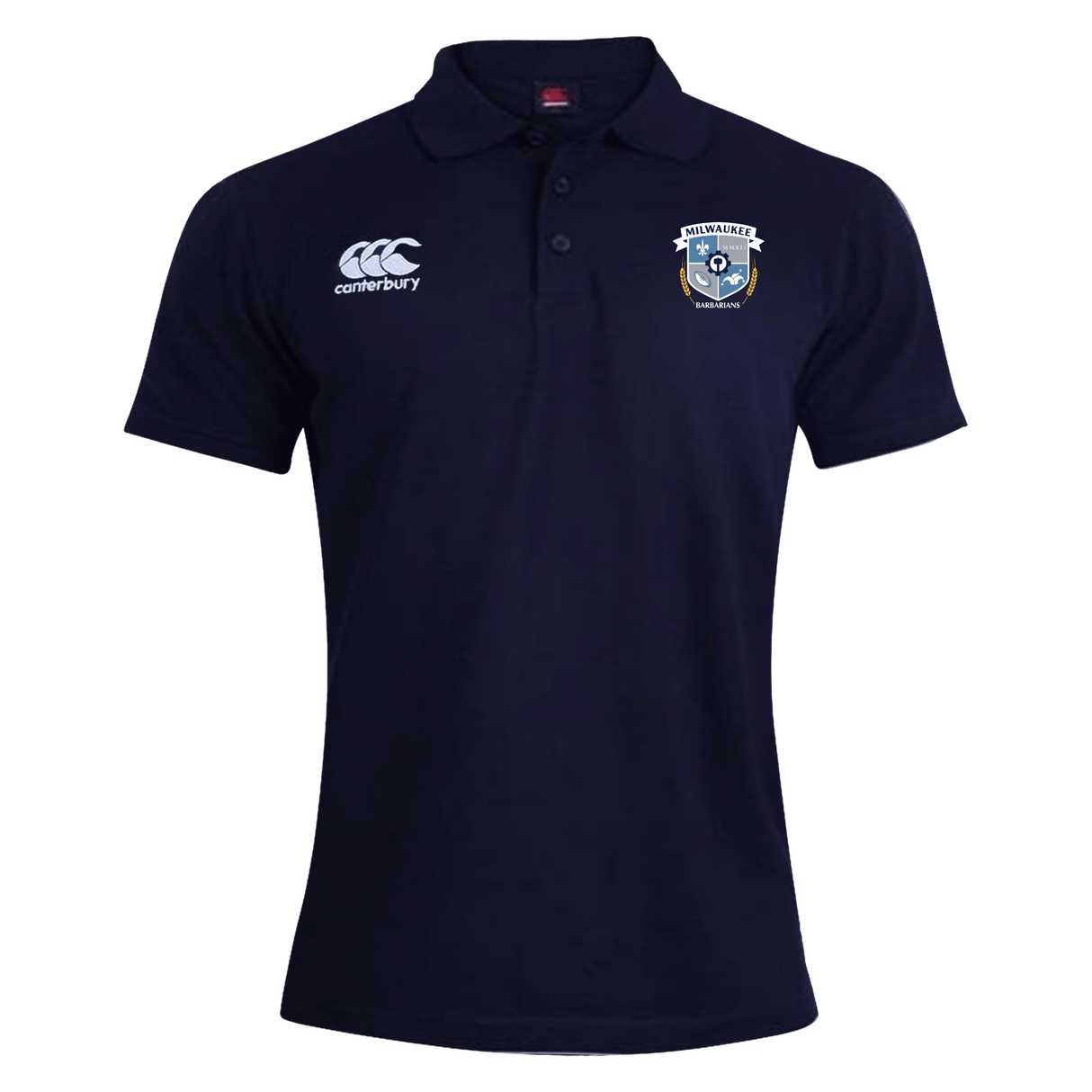 Milwaukee Barbarians Rugby Waimak Polo by EMB Canterbury: navy blue, short sleeves, Canterbury logo on right chest, Milwaukee Barbarians crest on left chest.