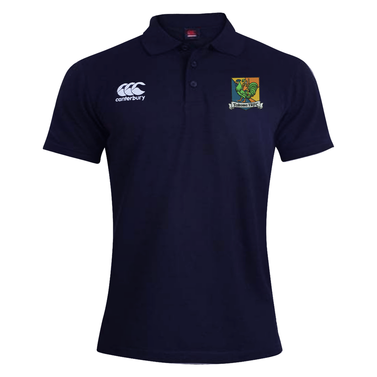 Navy blue Takoma Touch Rugby Waimak Polo by Canterbury with a brand logo on the right chest and a Takoma TRFC club crest on the left chest.