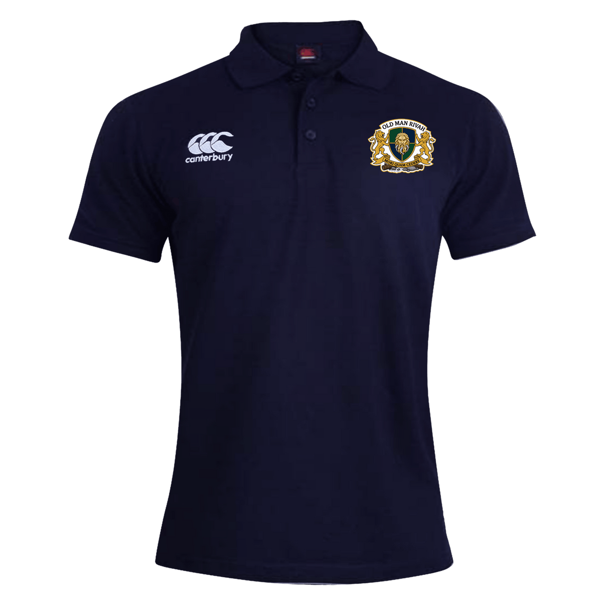 The Old Man Rivah Rugby Waimak Polo by EMB Canterbury is a navy short-sleeve men's polo with a white Canterbury logo on the right chest and a gold-embroidered crest on the left, perfect for classic casual or sporty style.