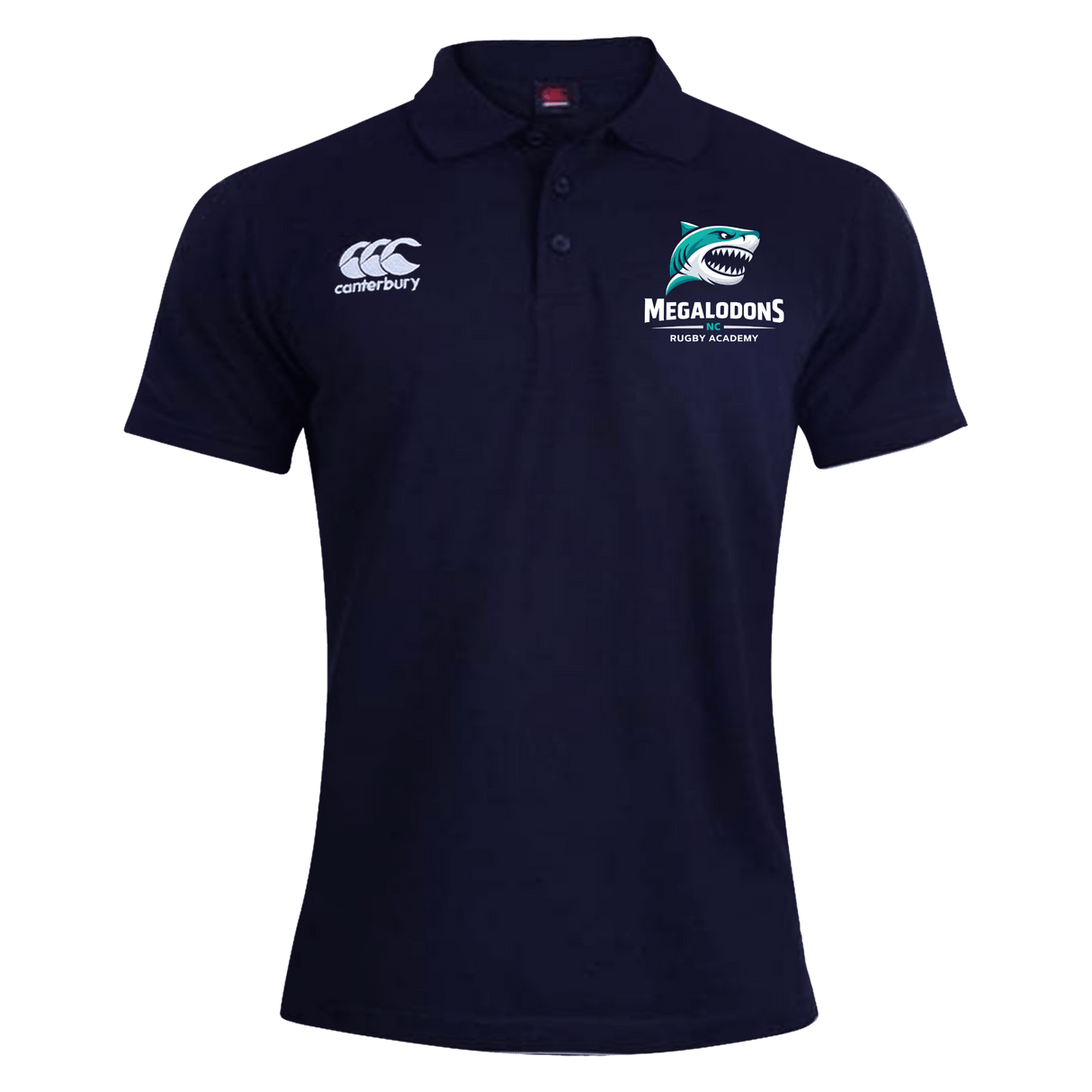 The NC Rugby Academy - Megalodons Waimak Polo by EMB Canterbury is a navy blue short-sleeve polo featuring white "Canterbury" branding and a shark logo on the chest—ideal for any rugby fan.