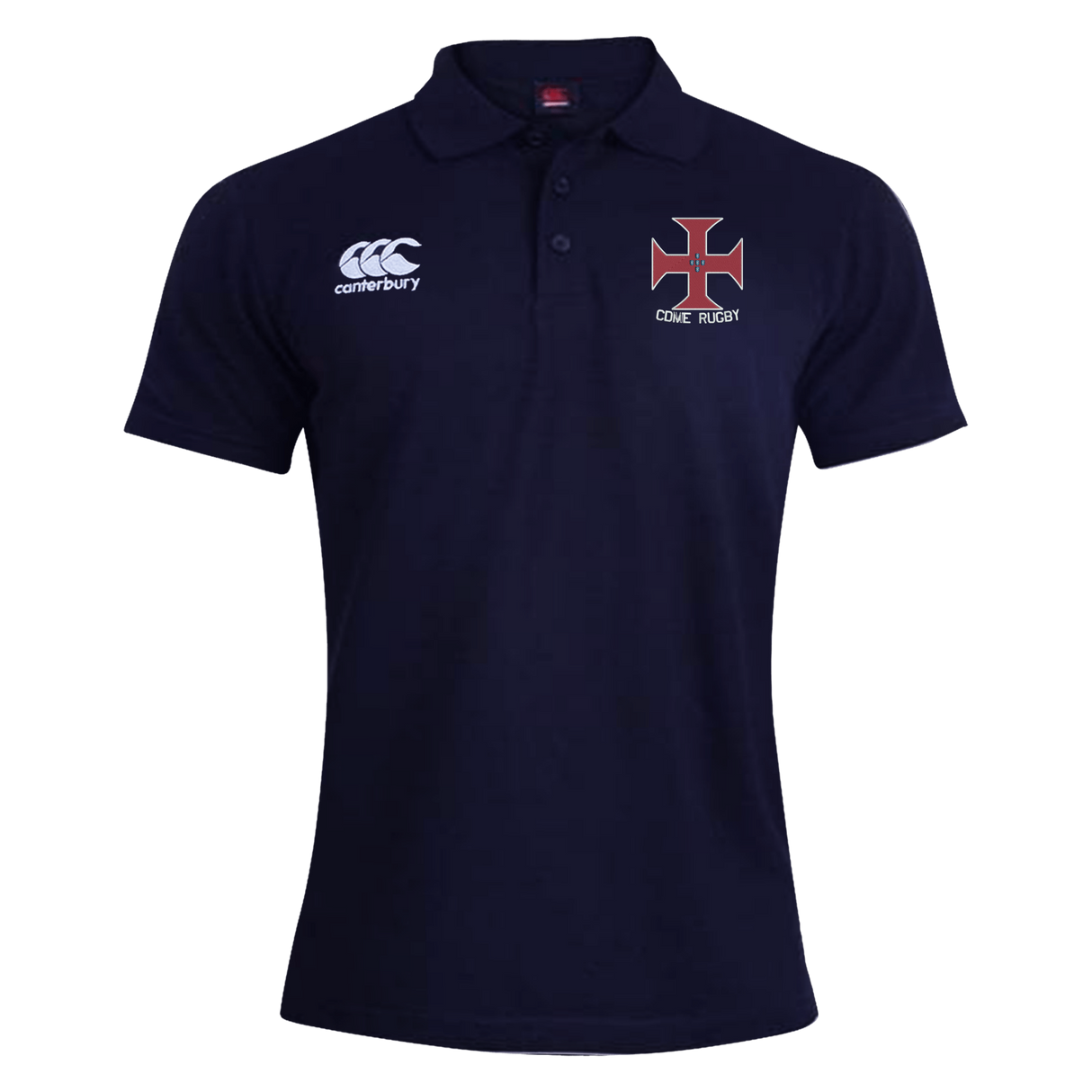 The SF CDME Rugby Waimak Polo by EMB Canterbury is a navy blue men’s rugby shirt featuring a classic white EMB Canterbury logo on the right chest and a distinctive red and white cross emblem with "CDUL RUGBY" text on the left chest. Combining comfort with authentic athletic style, this polo is an essential piece for every rugby fan.