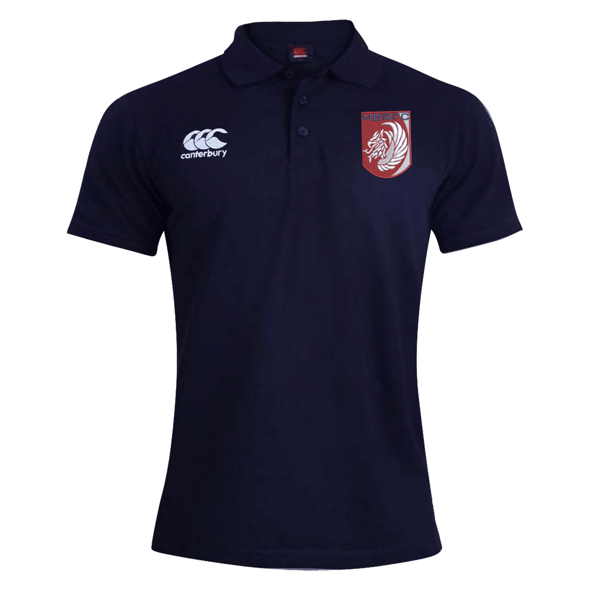 The Montgomery Bucks Griffins Waimak Polo by EMB Canterbury is a navy blue men's shirt with a white Canterbury logo on the right chest and a red and white lion crest on the left, ideal for rugby fans.