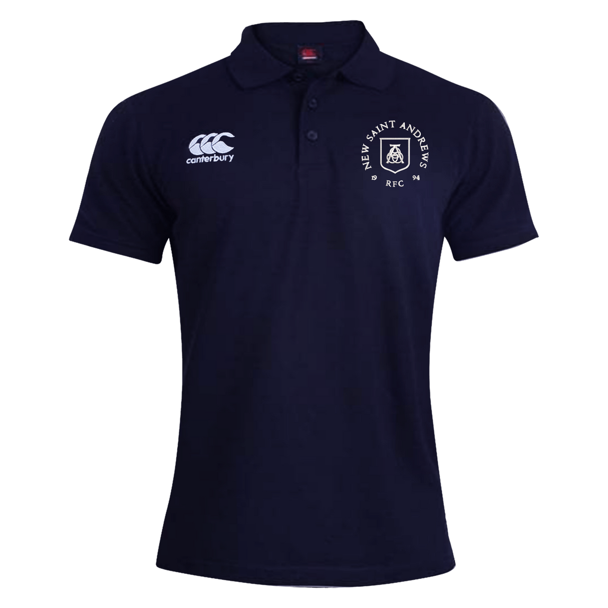 Introducing the New Saint Andrews College Waimak Polo by Canterbury—a men’s short-sleeve navy polo featuring a classic collar, white EMB Canterbury logo on the right chest, and the “New Saint Andrews RFC” crest on the left chest, expertly crafted in the iconic CCC Waimak Rugby Polo style.