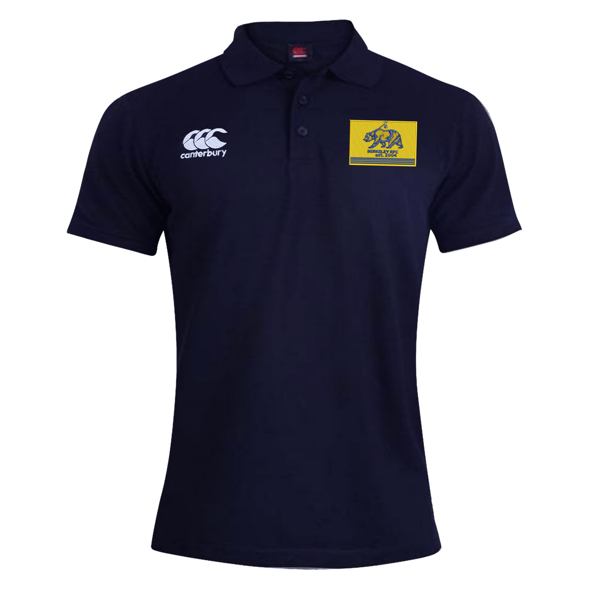 Navy blue Berkeley RFC Waimak Polo by Canterbury with a white logo on the right chest and a yellow rectangular patch featuring a bear graphic and text on the left chest.