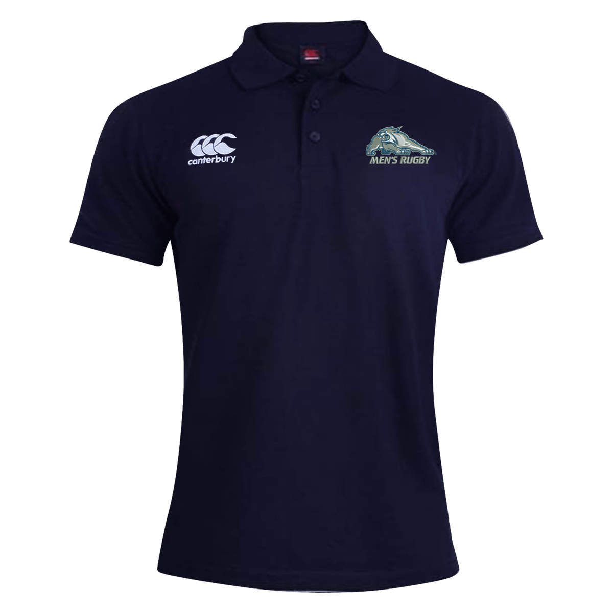Navy blue University of New Hampshire Waimak Polo by Canterbury with a white logo on the right chest and a university mascot graphic on the left.