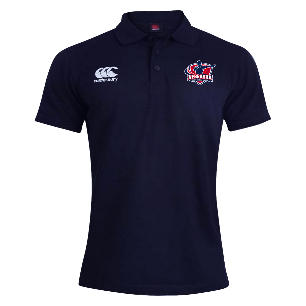 The Nebraska Rugby Referee Society Waimak Polo by EMB Canterbury is a navy blue short-sleeve men’s shirt with a Canterbury logo on the right chest and a Nebraska rugby logo on the left—ideal for classic rugby polo fans.