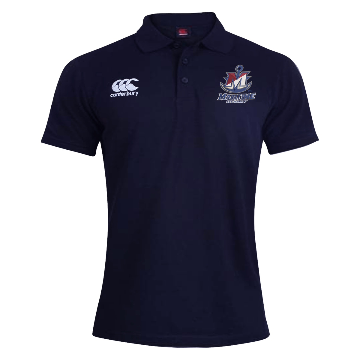 Navy blue SUNY Maritime Men’s Rugby Waimak Polo by Canterbury with a white logo on the right chest and a Maritime Rugby emblem on the left chest.