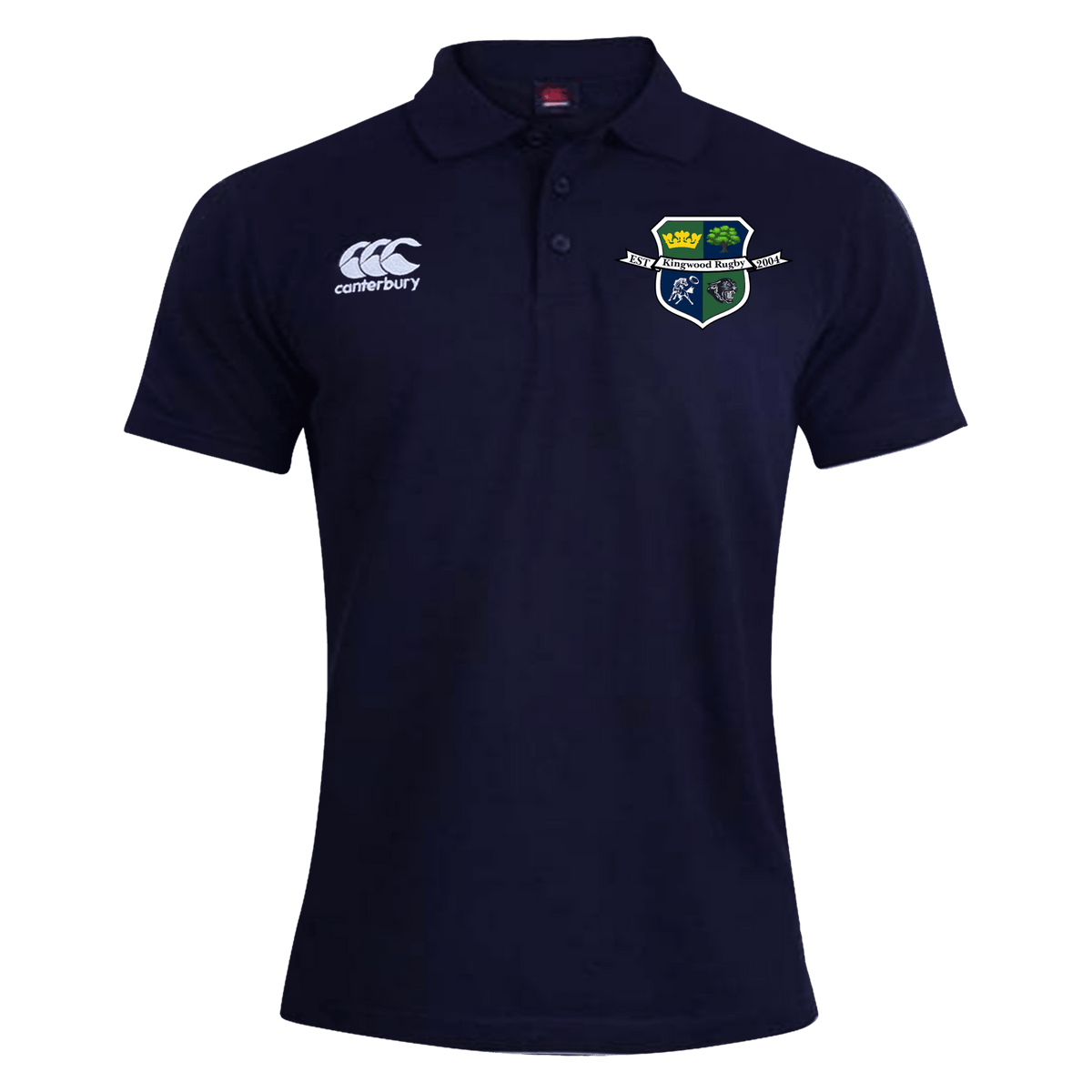 The Kingwood Rugby Waimak Polo by EMB Canterbury is a navy rugby shirt featuring the club crest and CCC logo, offering classic style and comfort.