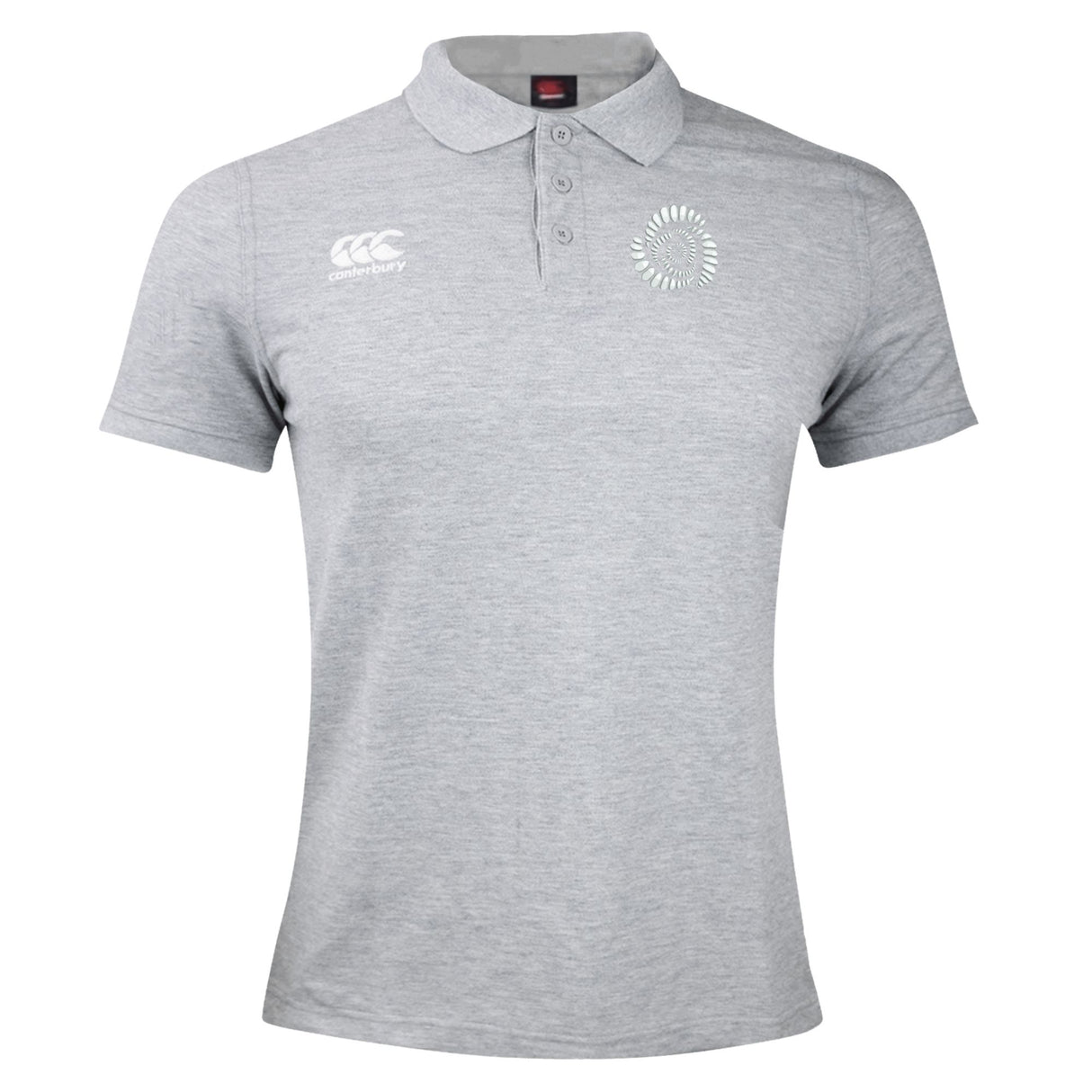 The Missoula All-Maggots Waimak Polo by EMB Canterbury is a light grey short-sleeve rugby polo featuring a classic collar, three-button placket, and two white embroidered chest logos—designed in the timeless Canterbury style for effortless everyday wear.