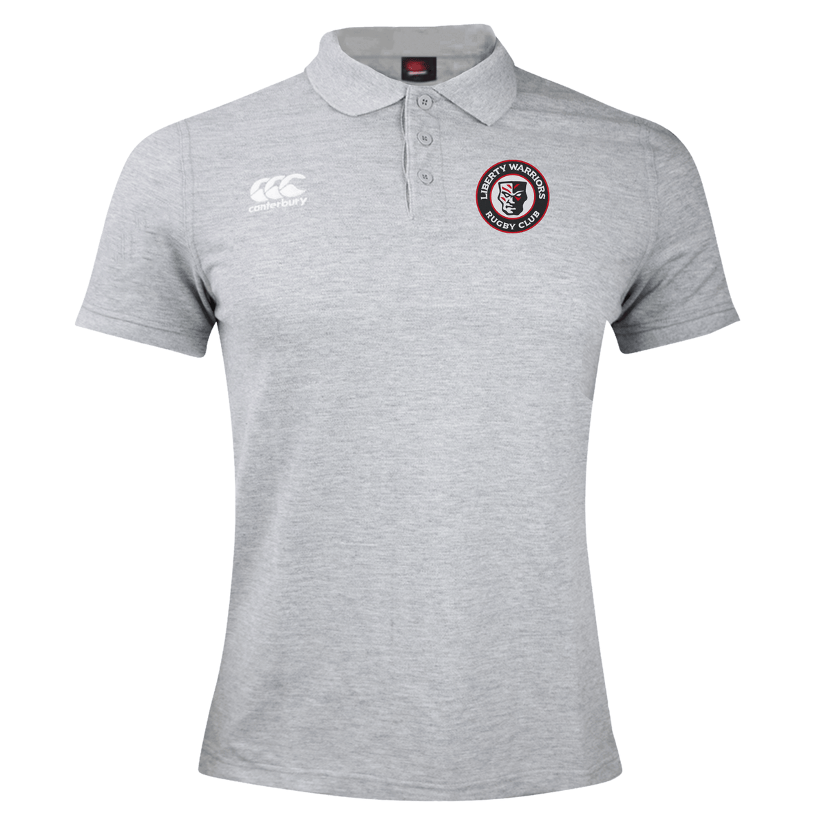 The Liberty Lake Warriors Waimak Polo by EMB Canterbury is made from a comfortable cotton-polyester blend, featuring the Canterbury logo on the right chest and a rugby club badge on the left.