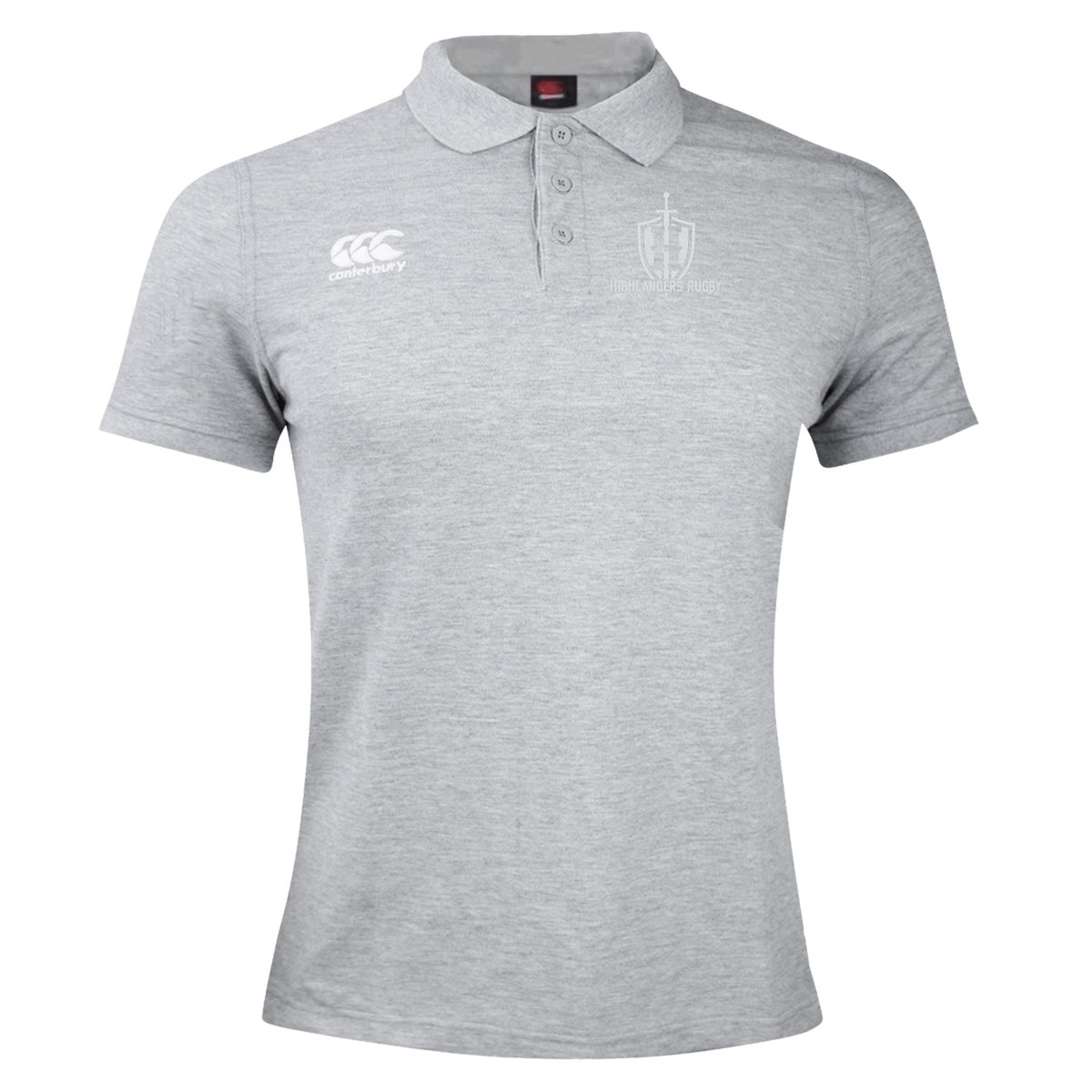 The Highlanders Rugby NC Waimak Polo by Canterbury is a grey rugby polo shirt featuring a collar and short sleeves. It includes the EMB Canterbury logo on the right chest and an embroidered insignia on the left chest, made from a comfortable cotton-polyester blend.
