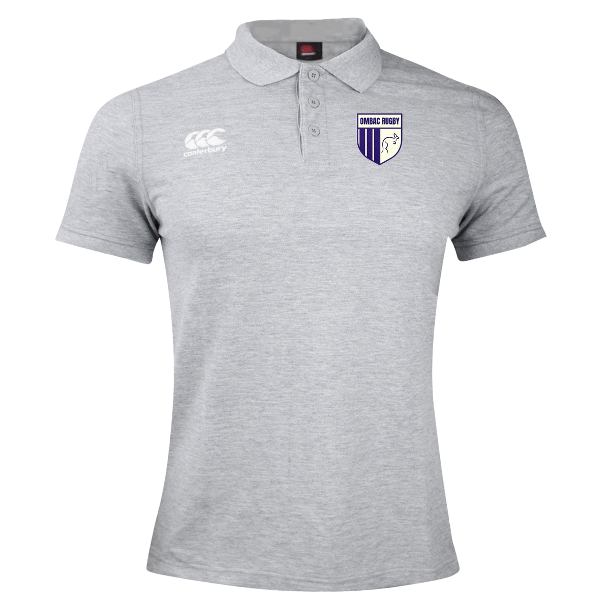 Introducing the OMBAC Rugby Waimak Polo by Canterbury, a stylish grey rugby polo featuring a collar and three-button design. The right chest is adorned with the Canterbury logo, while the left chest showcases a lion and the text "OMBAC RUGBY." Crafted for comfort and durability from a blend of cotton and polyester, this polo combines style with functionality.