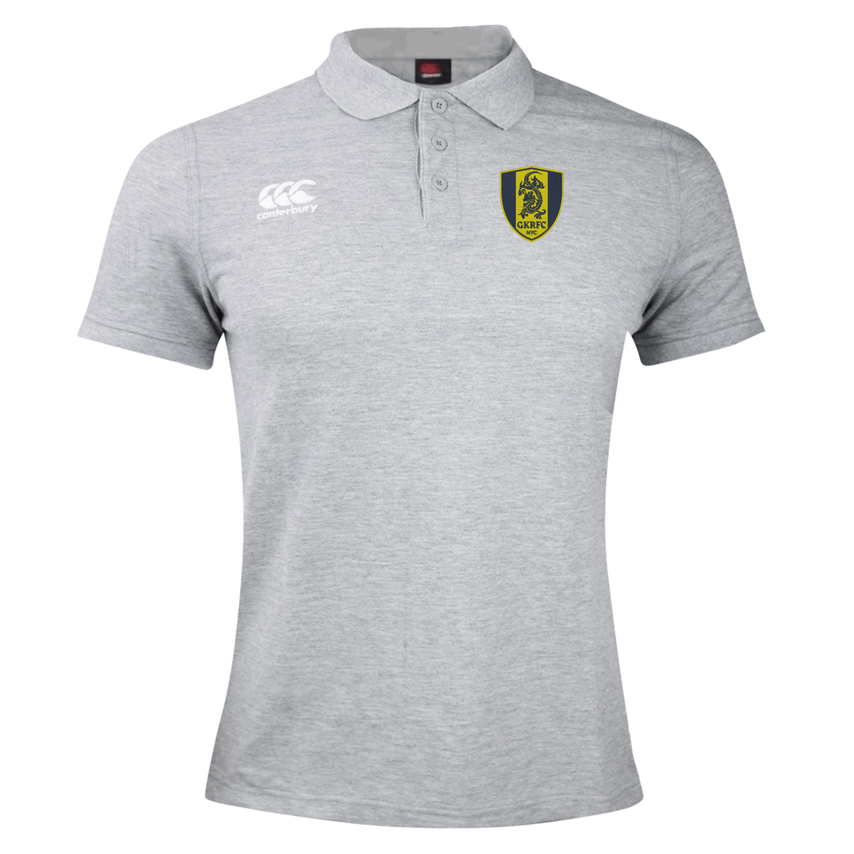 The Gotham Knights Waimak Polo by EMB Canterbury is a gray short-sleeve rugby polo shirt with a collar, featuring a Canterbury logo on the right chest and an embroidered yellow and black crest with a lion and "DRFC" on the left chest. Crafted from a comfortable cotton/polyester blend, it's perfect for both casual and sporty occasions.