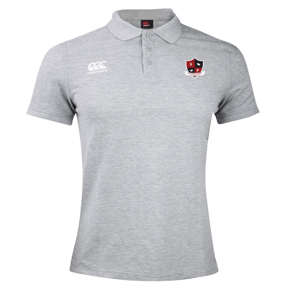 The Southern Pines Youth Rugby Waimak Polo by EMB Canterbury features a classic collar and short sleeves, made from a comfy cotton-polyester blend. It showcases the Canterbury logo on the right chest and an emblem on the left for added style.