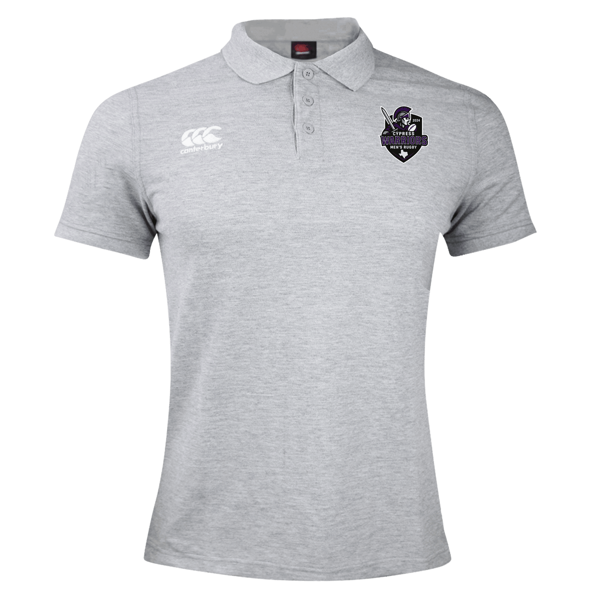 The Cypress Warriors Men's Rugby Waimak Polo by EMB Canterbury is light grey with a Canterbury logo on the right chest and a black and purple Cypress Warriors crest on the left, shown against a plain background.