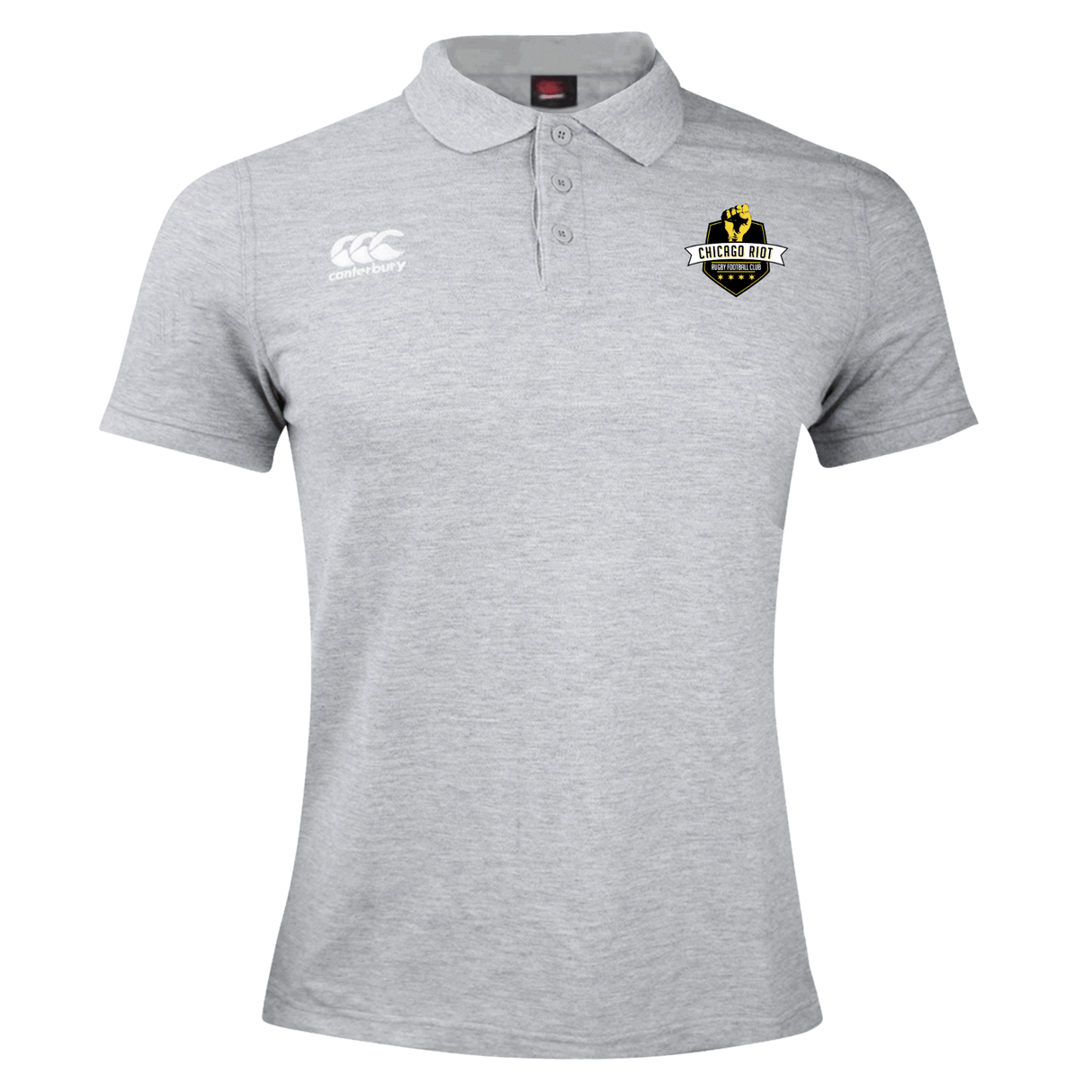 The Chicago Riot Waimak Polo by EMB Canterbury is a light grey men’s rugby shirt with a collar, featuring the Canterbury logo on the right chest and the Chicago Riot badge on the left—ideal for any fan.