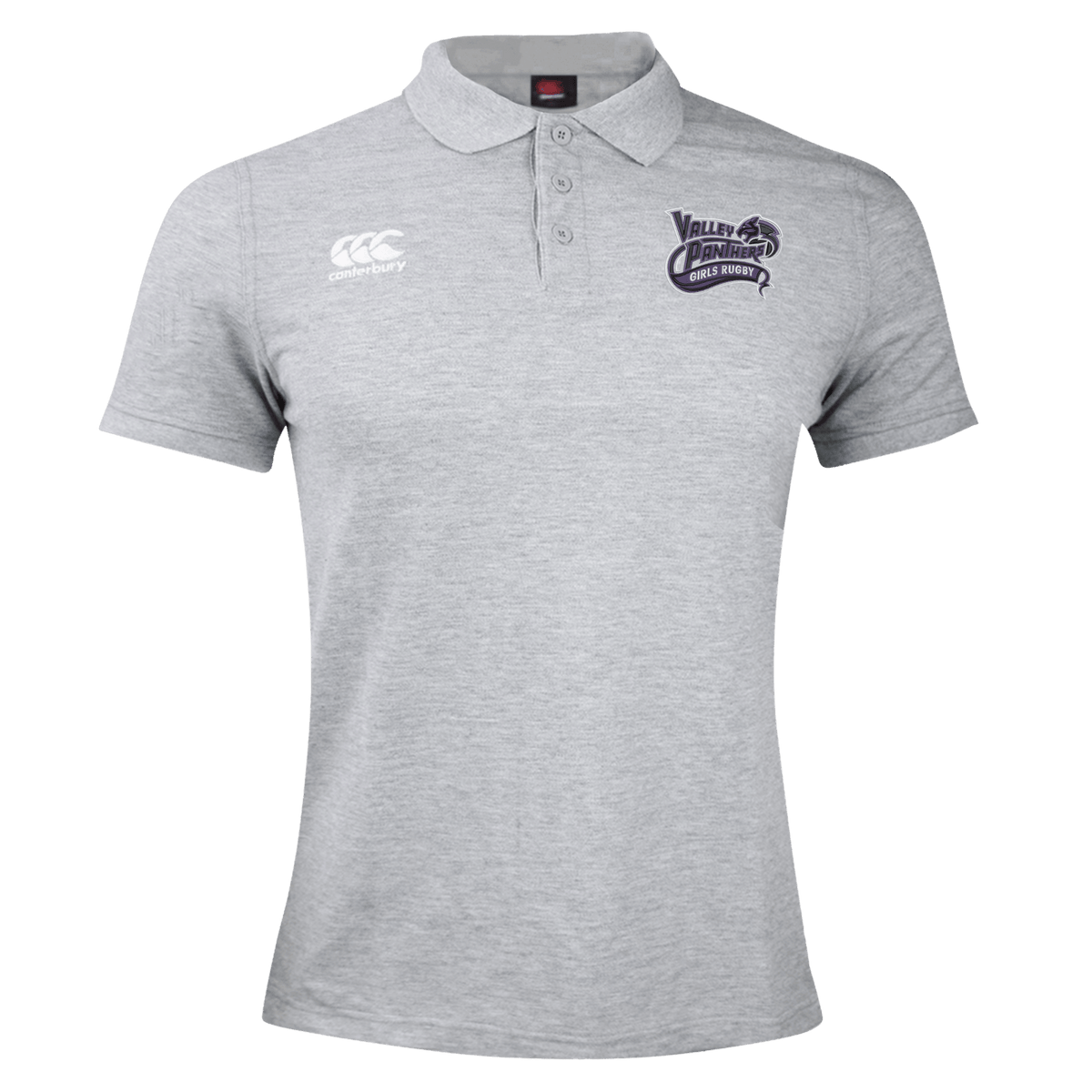 The Valley Panthers Girls Rugby Waimak Polo by Canterbury is a light gray short-sleeved rugby polo shirt with a collar, three-button placket, and two embroidered chest logos from EMB Canterbury.