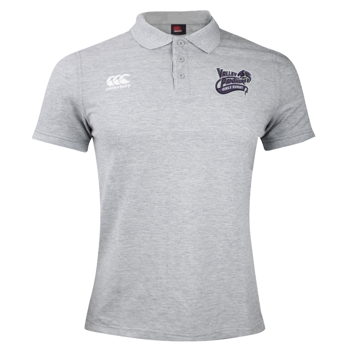 The Valley Panthers Girls Rugby Waimak Polo by Canterbury is a light gray short-sleeved rugby polo shirt with a collar, three-button placket, and two embroidered chest logos from EMB Canterbury.
