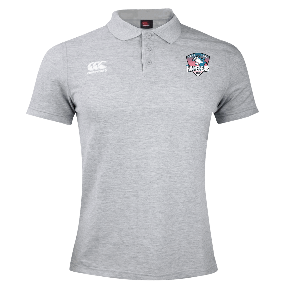 The SWFL Lady Hammerheads Waimak Polo by WRS Canterbury features a light grey design, three-button collar, white Canterbury logo on the right chest, and Hammerheads team logo on the left—ideal for fans and players.