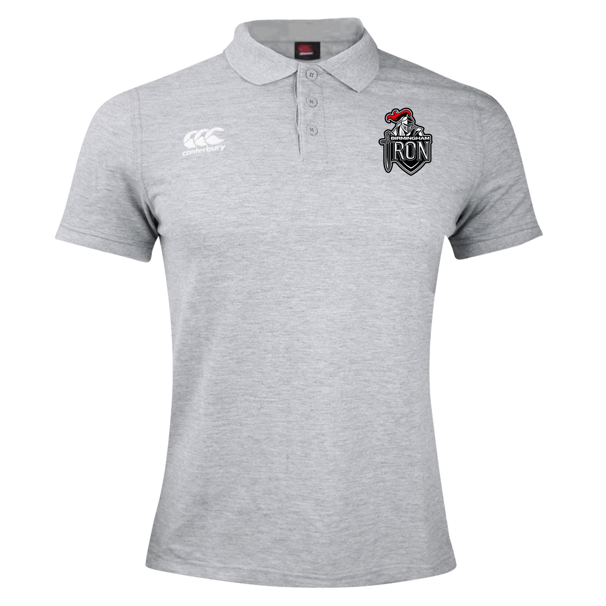 The Birmingham Iron Women's Football Waimak Polo by EMB Canterbury is light grey, featuring a Canterbury logo on the right chest and a black shield-shaped "RON" emblem with a red accent on the left chest.